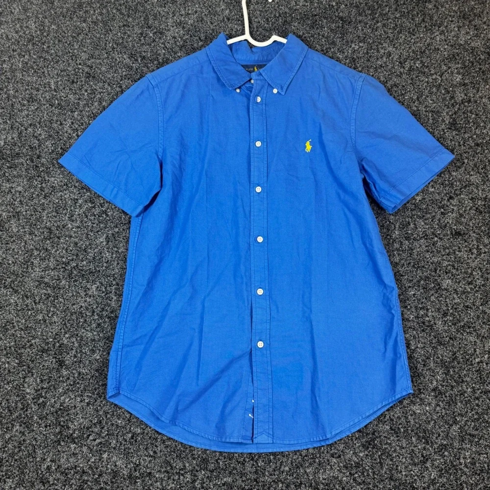 Ralph Lauren Boy XL 18-20 Blue Short Sleeve Button Down Shirt Yellow Pony Cotton